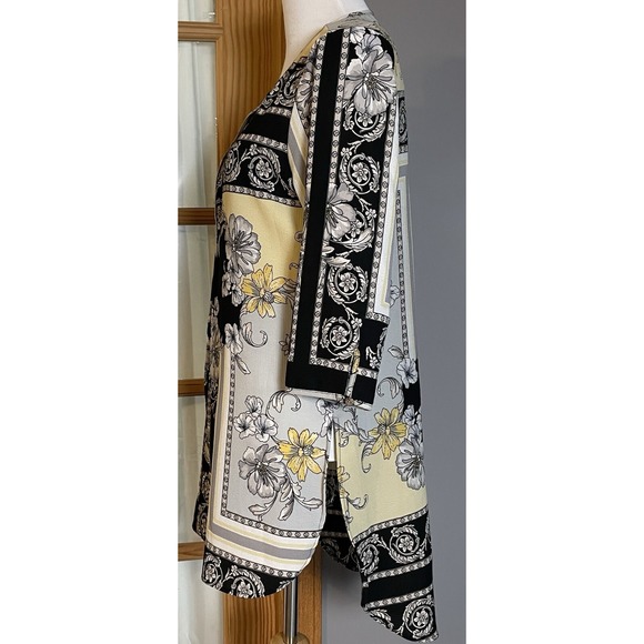 Fig And Flower Floral Tunic Blouse M Black Gray Crepe Boho Cottagecore Career - Picture 3 of 15